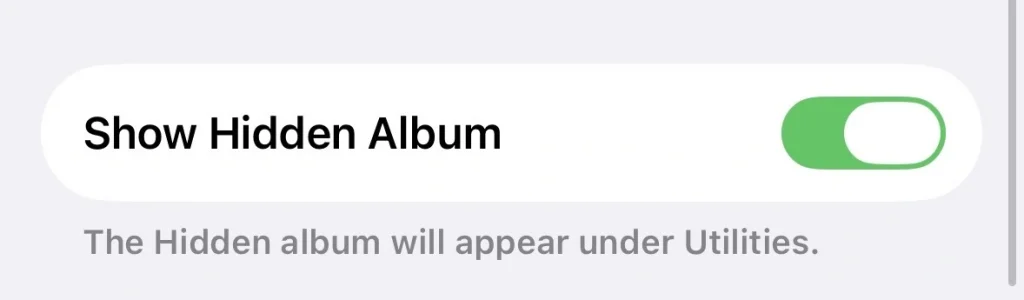 iPhone Hidden Album settings with the option to show or hide the album