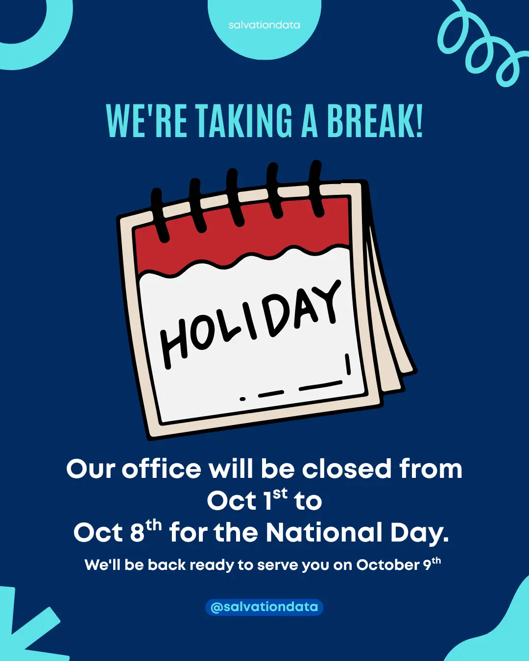 SalvationDATA takes a break from october 1 to october 8