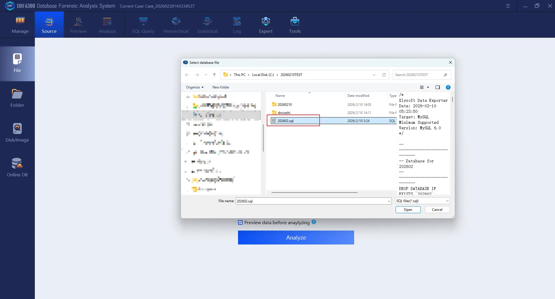 DBF6300 operation step 2 - Importing the MySQL database