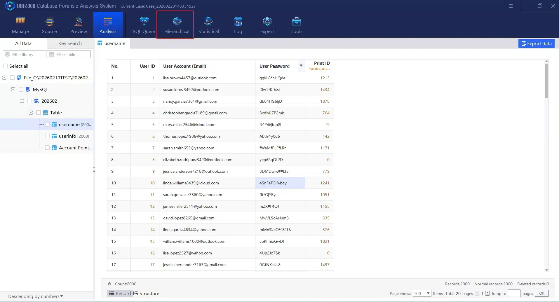 DBF6300 operation step 5 - launch the hierarchical analysis for further MySQL data analysis