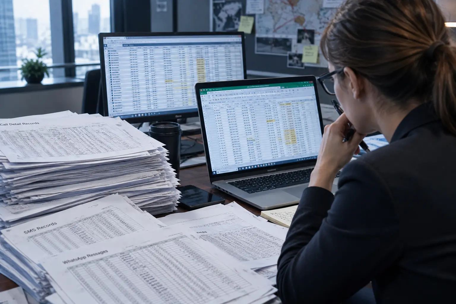 CDR Analysis: Finding Patterns and Investigative Leads in Communication Data 1 Investigator reviewing large volumes of call detail records and communication data across printed records and spreadsheet screens