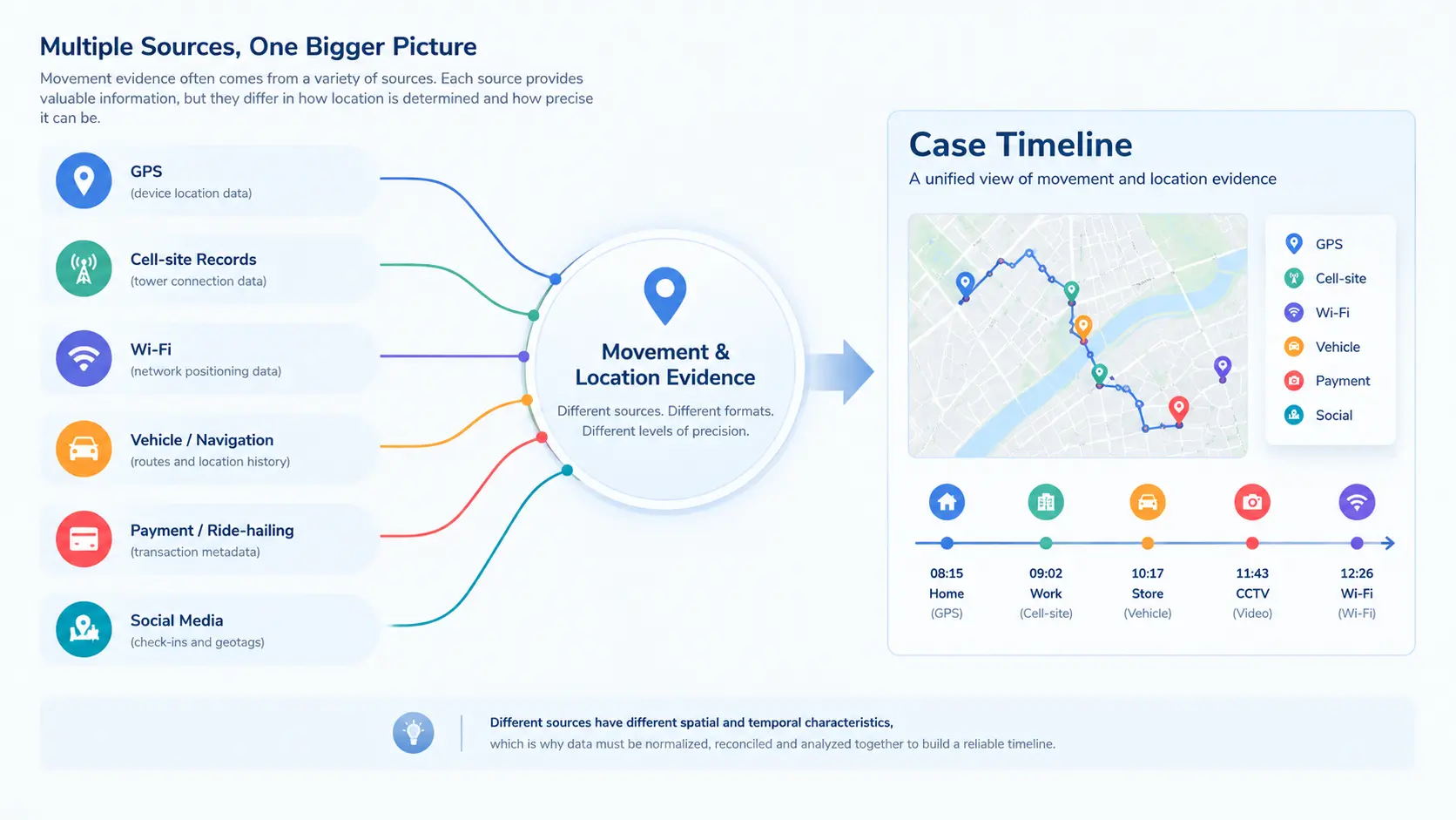 Multiple movement data sources, including GPS, cell-site, Wi-Fi, vehicle, payment, and social media data, combined into a case timeline